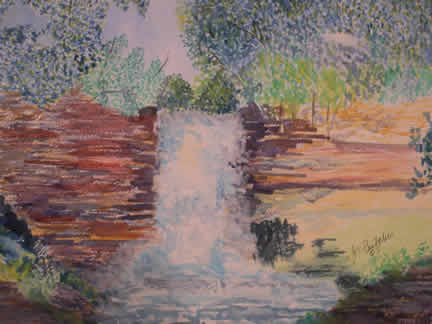 An impressionistic watercolor of a waterfall in the midst of a woods.
