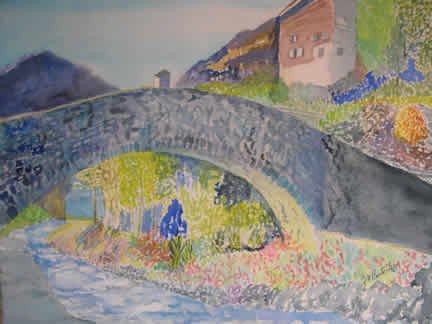 An impressionistic  watercolor of a stone bridge over a stream.